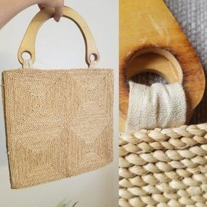 Estate sale find - Boho woven handbag with wood handles